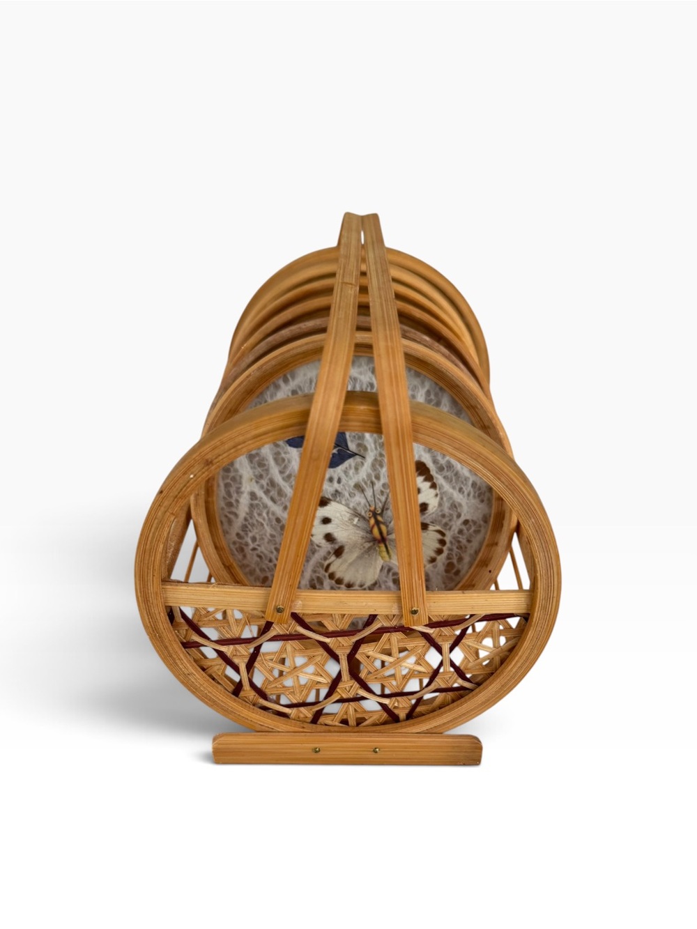 Vintage Bamboo Butterfly Coasters Set of 5 with Caddy Rattan Bohemian